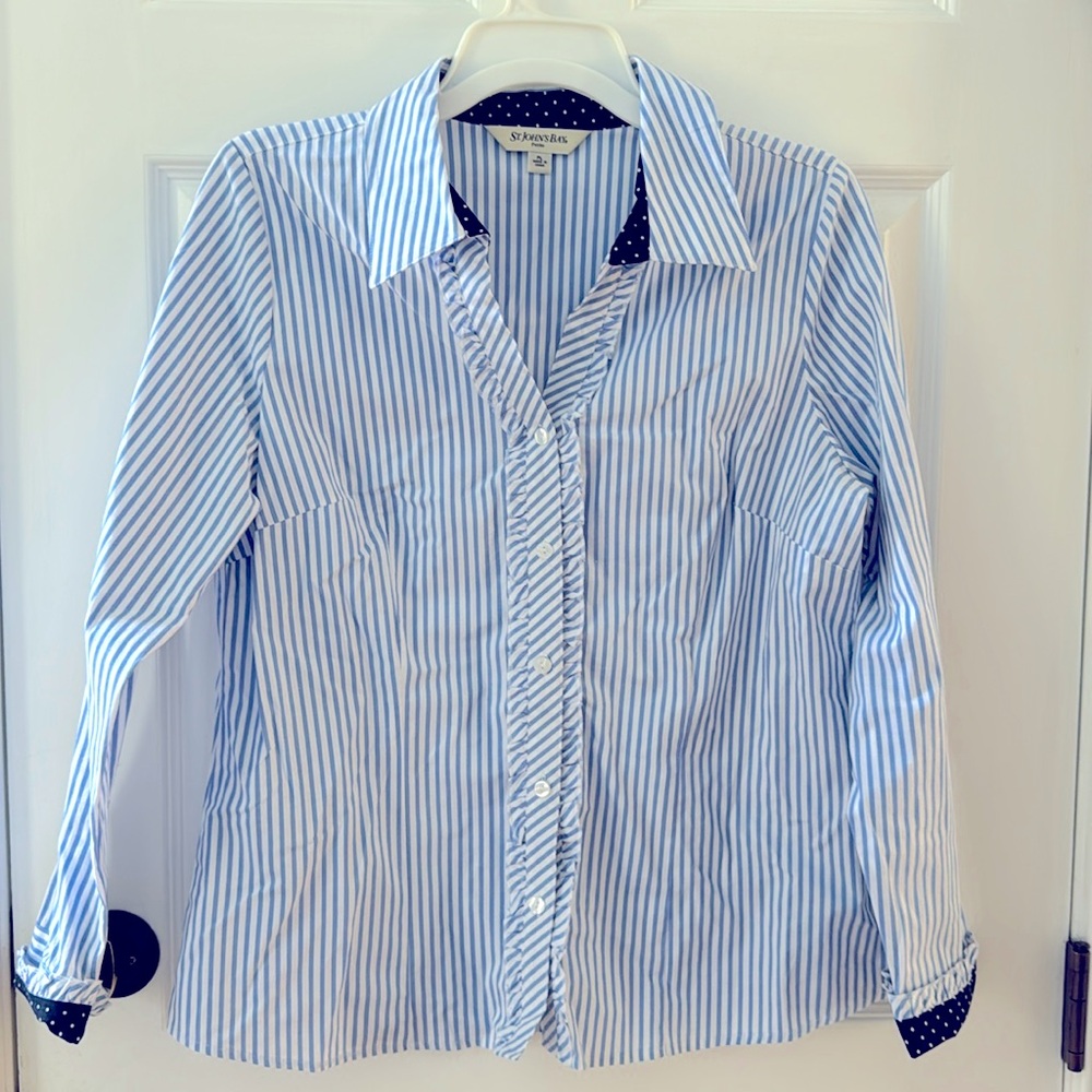 Oxford Blue striped ruffled button down w/navy white polka dot accents NWOT
